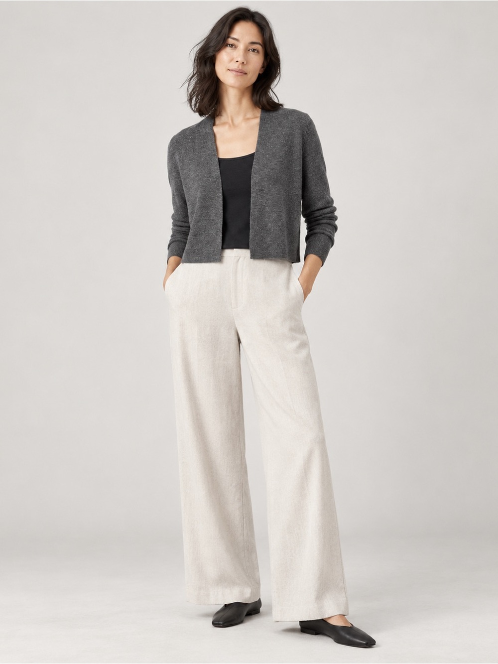 Eileen Fisher Petite 100% Merino Wool Cropped Cardigan Charcoal PS